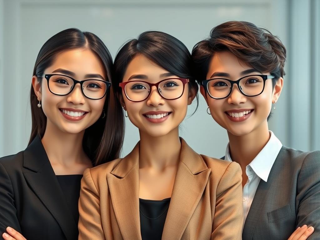 Create a tasteful group portrait of three distinct adult AI companions inspired by Nomi.ai, each with a different style, voice, and personality. Use a clean modern setting, realistic expressions, varied clothing, and clear visual separation between the characters.