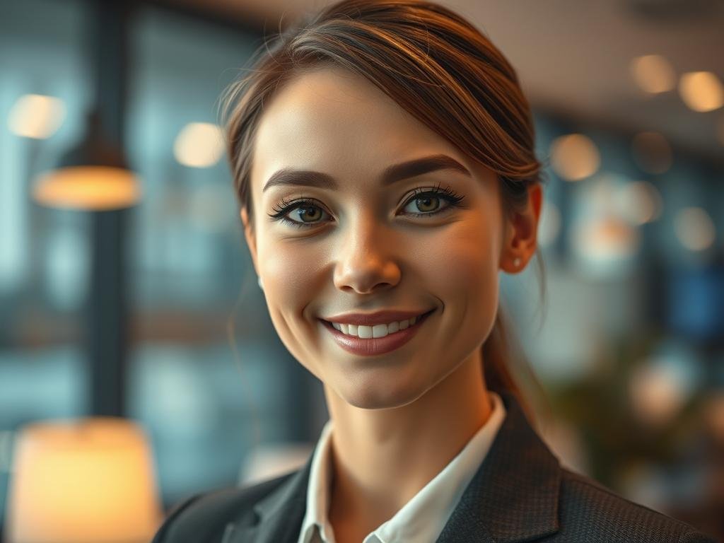 Create a warm, cinematic portrait of a confident virtual AI girlfriend with expressive eyes, a natural smile, and a distinct personal style. Use soft lighting, realistic detail, and a welcoming mood that suggests emotional connection and thoughtful conversation.