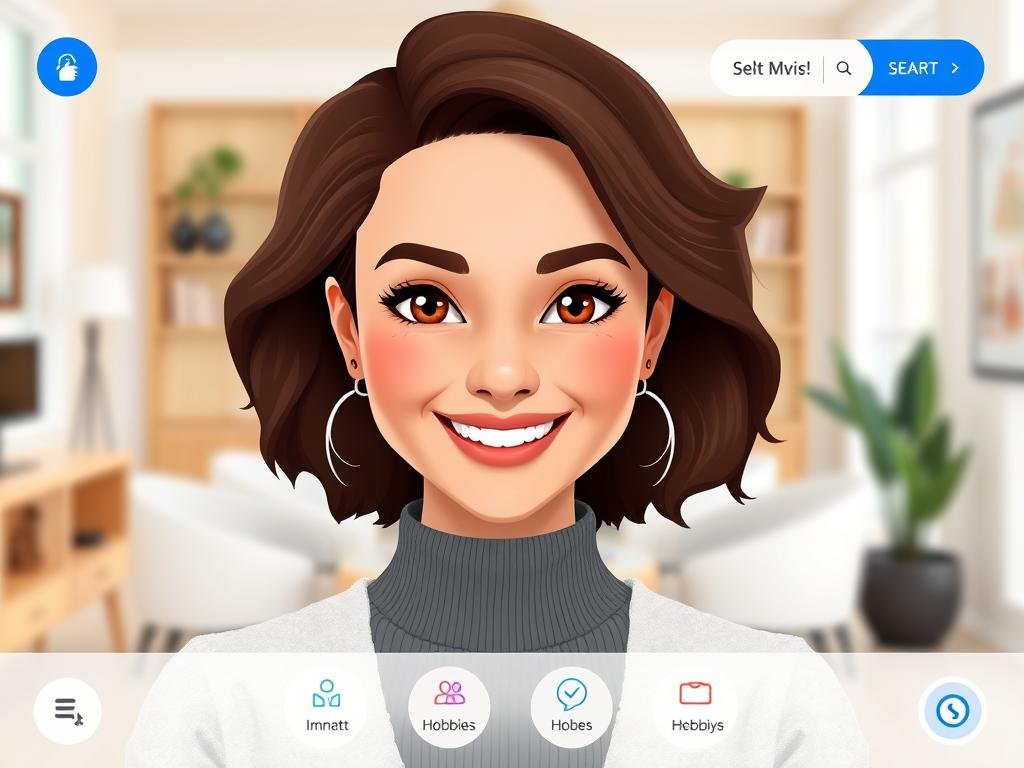 Create a warm, confident AI dream girlfriend with a natural smile, expressive eyes, modern style, and a welcoming digital setting. Show a polished app creation screen with appearance, personality, hobbies, and conversation options.