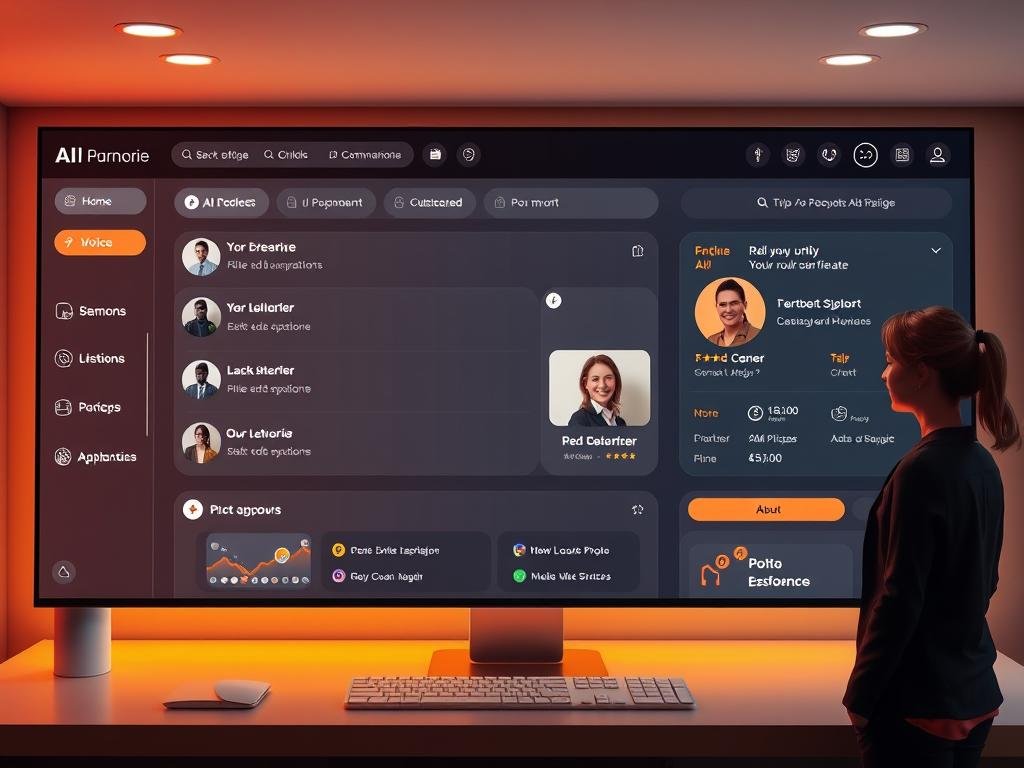 Create a warm, modern dashboard scene for SexLove.ai, showing an adult user choosing a personalized AI companion, chat messages, voice options, and photo requests. Use a clean interface, soft lighting, and a welcoming digital style.