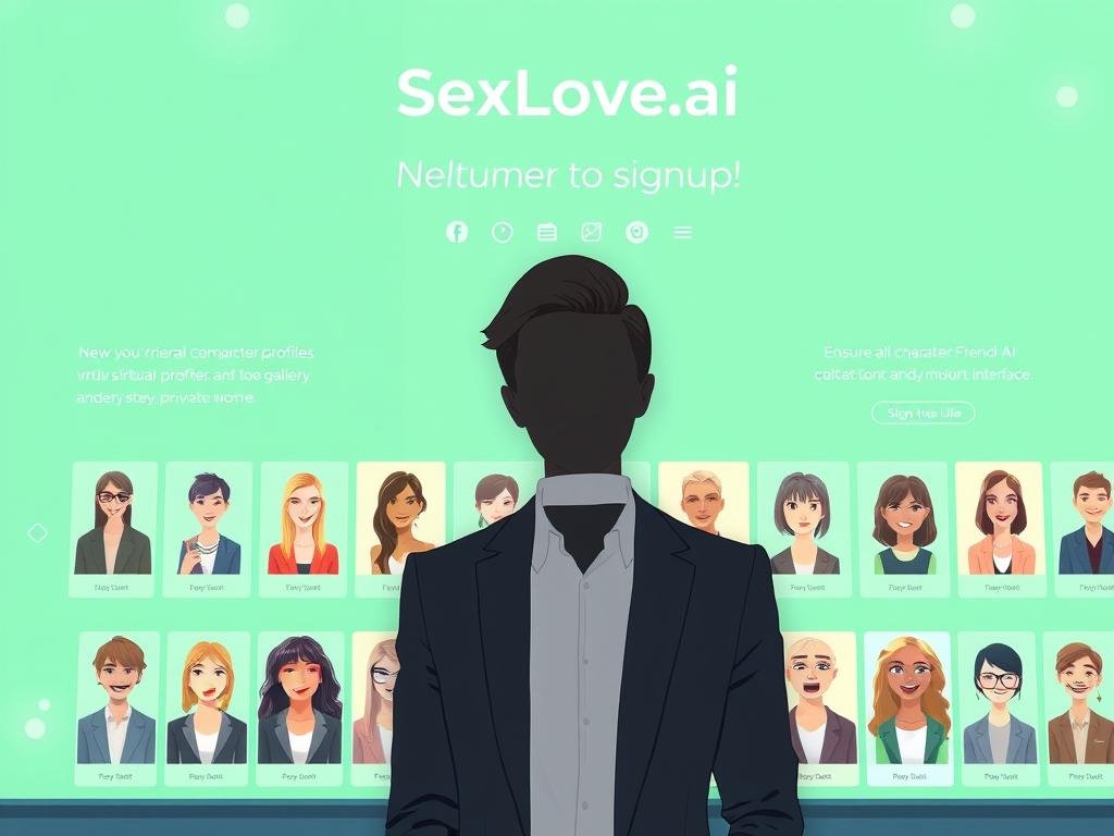 Create a welcoming SexLove.ai signup scene showing a new user browsing AI characters in a modern gallery, with friendly virtual girlfriend profiles, clear customization tools, and a warm, private interface. Create a welcoming SexLove.ai signup scene showing a new user browsing AI characters in a modern gallery, with friendly virtual girlfriend profiles, clear customization tools, and a warm, private interface.