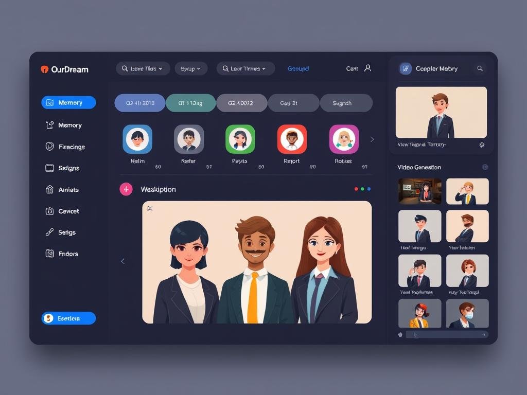Create an OurDream AI interface with a memory timeline, four character avatars in a group chat, and a video generation panel. Use a sleek dark interface with colorful accents and safe, non-explicit character artwork.