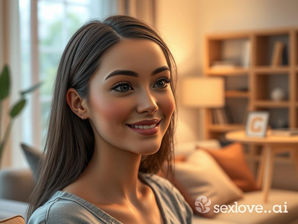 Create an image of a beautifully rendered AI girlfriend character, embodying a friendly and inviting expression. Focus on realistic skin texture, emphasizing soft, natural tones and smooth features. In the foreground, position the AI character engaged in a light-hearted conversation, her eyes sparkling with intelligence. The middle ground should include a cozy, modern living room setting, with plush furniture and warm ambient lighting that creates an intimate atmosphere. The background features soft-focus elements like a bookshelf filled with curated items, enhancing the homey feel. Use soft lighting to highlight her features, mimicking natural daylight filtering through a window. Capture the scene from a slightly elevated angle, providing a sense of connection. The brand name "Sexlove.ai" subtly integrated into a stylish, contemporary design element in the room. The overall mood is warm, engaging, and relatable, reflecting the charm of daily AI companionship while maintaining a professional and respectful
