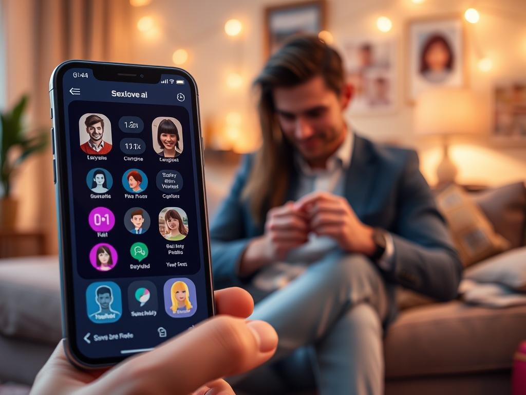 Create an image showcasing the features of the AI girlfriend maker app "sexlove.ai". In the foreground, depict a sleek, modern smartphone displaying an intuitive user interface filled with vibrant icons representing customizable personality traits, conversation styles, and interactive features such as avatars and chat simulations. In the middle ground, illustrate a user interacting with the app, dressed in smart casual attire, engaged and focused on the screen. The background should feature a cozy, inviting room with warm lighting, emphasizing a friendly and approachable atmosphere that suggests connection and companionship. Use a soft-focus lens to create a dreamy effect and enhance the sense of innovation and technology within a relatable environment. The overall mood should be uplifting and engaging, inviting viewers to explore the possibilities of AI relationships.