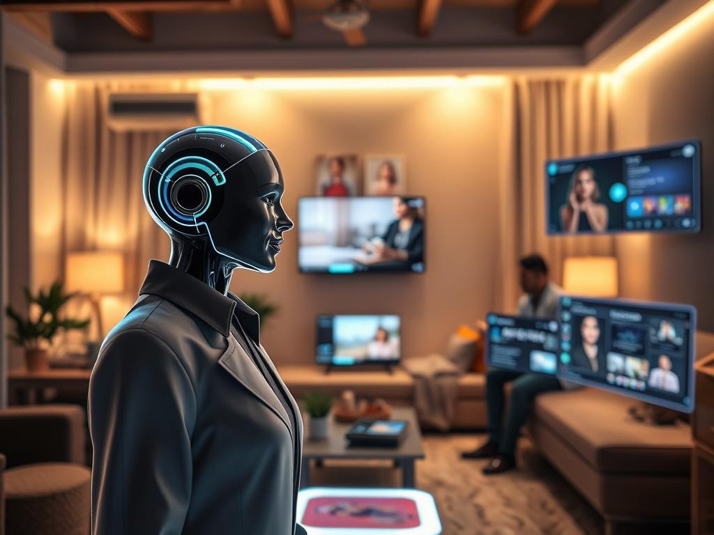 Create an image showcasing the immersive features of AI companions for "sexlove.ai". In the foreground, depict a sleek, futuristic virtual assistant hologram with a friendly expression, styled in professional attire, engaging with a diverse user in a cozy, modern living room setting. In the middle ground, include an array of smart devices and screens displaying interactive features like chats, suggestions, and personalized media settings. The background should be softly lit, with ambient lighting that enhances a warm, inviting atmosphere. Utilize soft focus for a dreamlike quality and a low-angle view to emphasize the advanced technology. The mood should be friendly, supportive, and innovative, reflecting a future where AI fosters real connections.