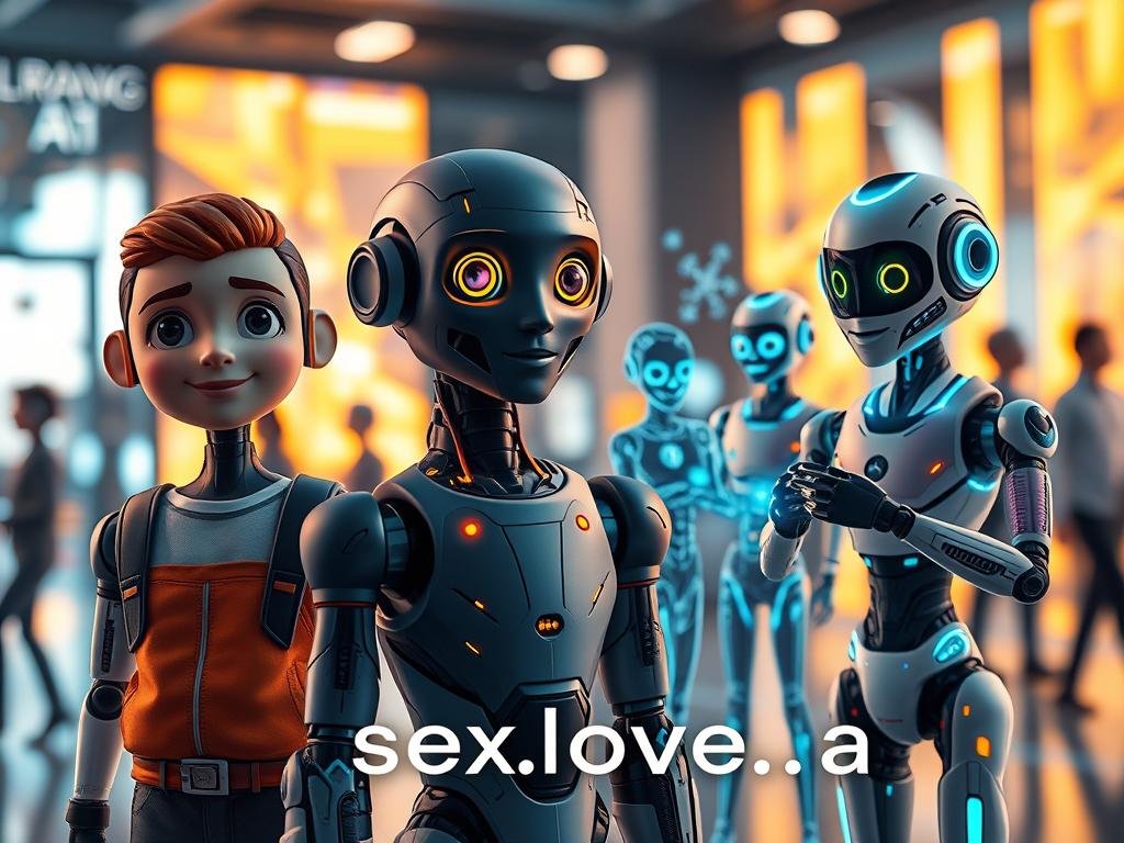 Create an imaginative scene featuring a diverse array of AI personality types, showing distinct visual styles and personas. In the foreground, showcase three humanoid AIs: one with a friendly, warm expression dressed in casual tech attire, another with a sleek, futuristic design and a professional look, and a third with colorful, playful aesthetics symbolizing creativity. In the middle ground, add individual AI holograms exhibiting various emotions&mdash;joy, curiosity, and calmness&mdash;interacting with digital devices. The background should depict a modern, bright atmosphere, filled with abstract digital elements and soft, glowing lights. Use a soft focus lens to create an inviting mood, with warm lighting illuminating the scene to convey a sense of friendliness and approachability. Highlight the brand "sexlove.ai" subtly integrated into the digital environment.