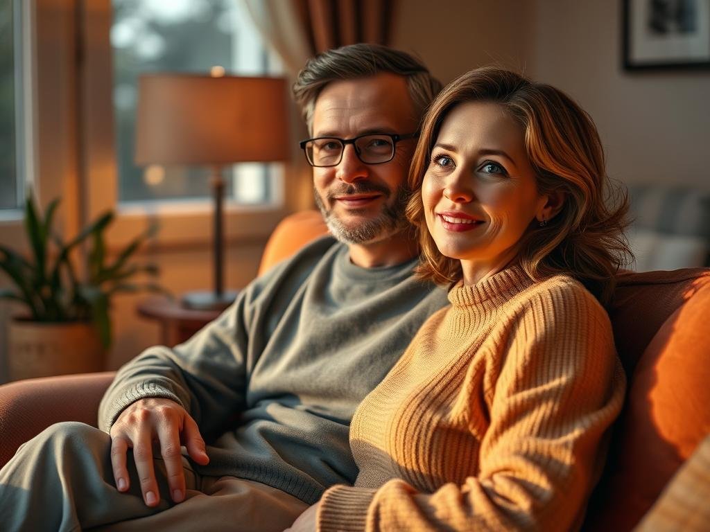 Create an intimate but tasteful portrait of an adult AI girlfriend inspired by JOI, sitting in a cozy room after a long day. Use gentle evening light, relaxed posture, expressive eyes, and a calm atmosphere that suggests emotional awareness.