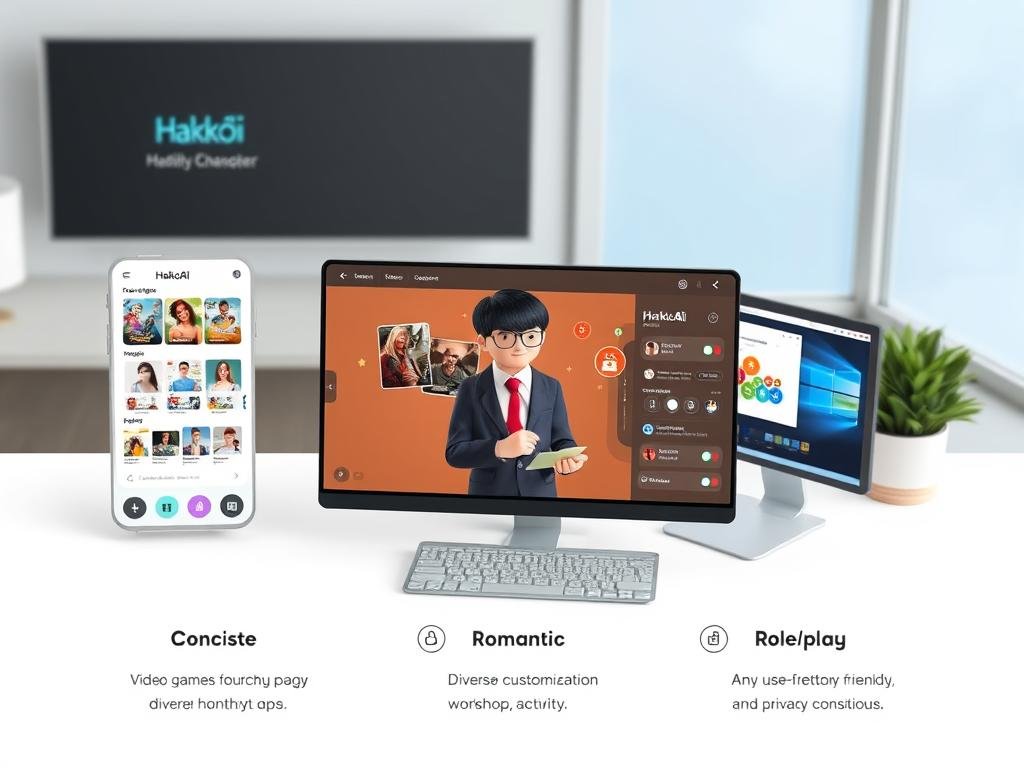 Design a modern desktop companion app called “HakkoAI,” showing a virtual character reacting to a video game, online shopping page, and web browser activity. Include three clear modes labeled Concise, Romantic, and Roleplay, with a diverse character workshop and a clean, privacy-conscious layout. Design a modern desktop companion app called “HakkoAI,” showing a virtual character reacting to a video game, online shopping page, and web browser activity. Include three clear modes labeled Concise, Romantic, and Roleplay, with a diverse character workshop and a clean, privacy-conscious layout.