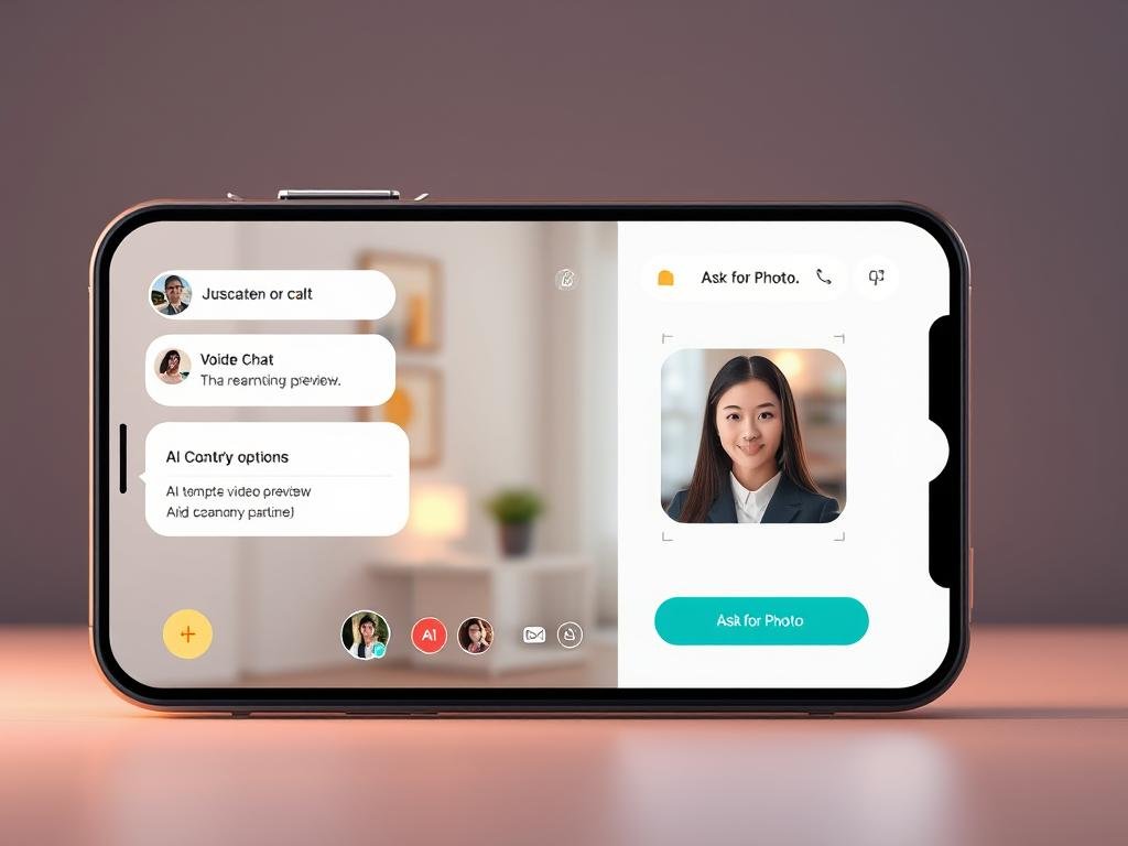 Design a polished app scene for SoulFun AI featuring a friendly virtual girlfriend during a video call. Include text chat, voice chat, an AI-generated video preview, and an &ldquo;Ask for Photo&rdquo; button. Use a modern dating app interface with warm lighting and tasteful, non-explicit visuals.