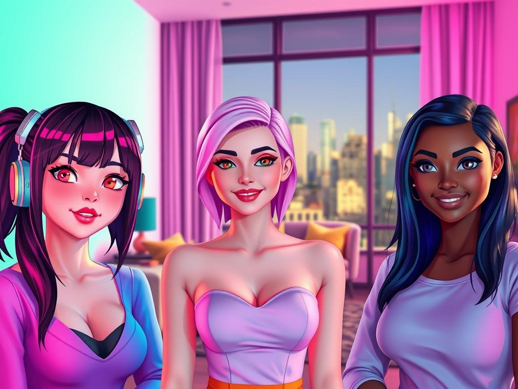 Diverse visual styles showcasing virtual girlfriends for the application sexlove.ai, presented in a vibrant, digital aesthetic. Foreground features three distinct avatars: one with futuristic anime inspiration, another in a soft, pastel art style, and the third reflecting realistic digital art with an approachable, friendly demeanor. In the middle ground, a stylish virtual living room set with elegant furniture and ambient lighting sets a cozy atmosphere. Background elements include a window with a city skyline, enhancing the modern, tech-savvy vibe. The overall mood is inviting and upbeat, illuminated by soft, colorful lighting that captures a sense of companionship and diversity in visual representation. The composition is framed at a soft angle, emphasizing the connection between avatars and their settings. Diverse visual styles showcasing virtual girlfriends for the application sexlove.ai, presented in a vibrant, digital aesthetic. Foreground features three distinct avatars: one with futuristic anime inspiration, another in a soft, pastel art style, and the third reflecting realistic digital art with an approachable, friendly demeanor. In the middle ground, a stylish virtual living room set with elegant furniture and ambient lighting sets a cozy atmosphere. Background elements include a window with a city skyline, enhancing the modern, tech-savvy vibe. The overall mood is inviting and upbeat, illuminated by soft, colorful lighting that captures a sense of companionship and diversity in visual representation. The composition is framed at a soft angle, emphasizing the connection between avatars and their settings.