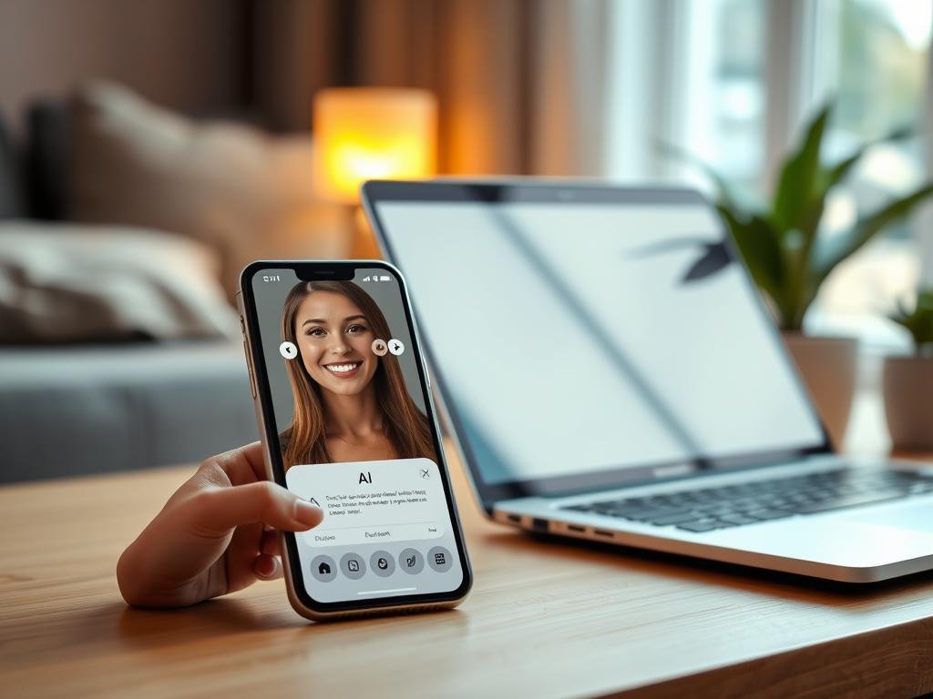 Editorial image of SexLove AI as a modern AI girlfriend platform, shown on a smartphone beside a laptop, warm lighting, elegant interface, personalized digital companion, realistic lifestyle setting, no logos or text Editorial image of SexLove AI as a modern AI girlfriend platform, shown on a smartphone beside a laptop, warm lighting, elegant interface, personalized digital companion, realistic lifestyle setting, no logos or text