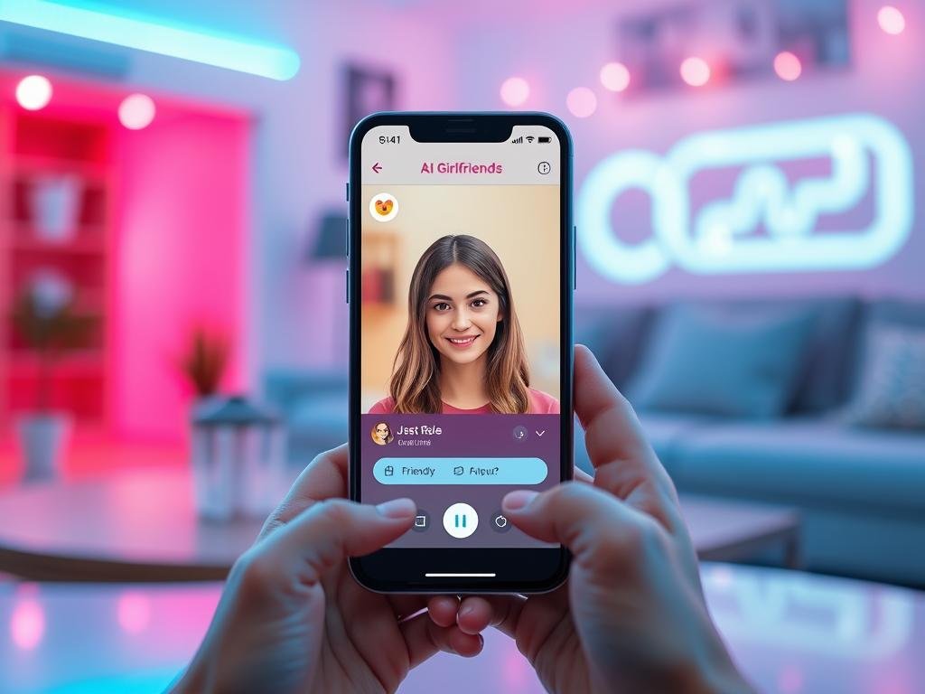 Editorial image of a modern AI girlfriend app on a smartphone, showing a warm customizable avatar, friendly chat interface, soft blue and pink lighting, realistic lifestyle setting, no explicit content