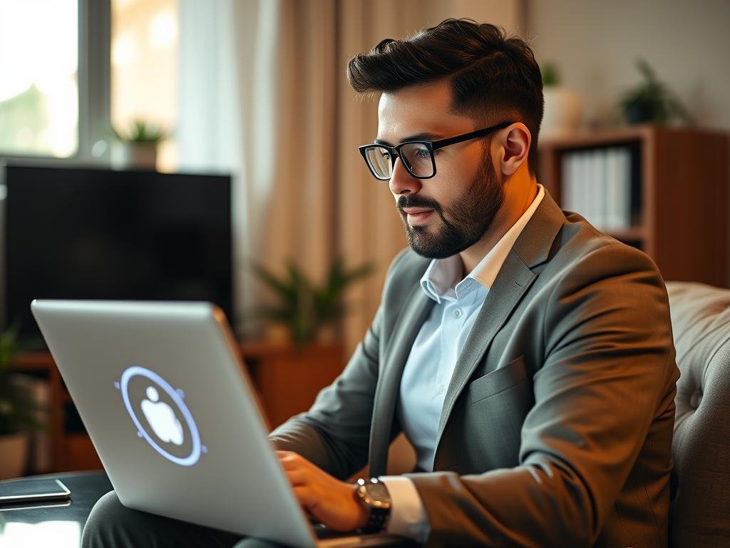 Editorial lifestyle image of a confident adult using a laptop to explore a customizable AI companion platform, warm home setting, modern interface glow, realistic style, no explicit content