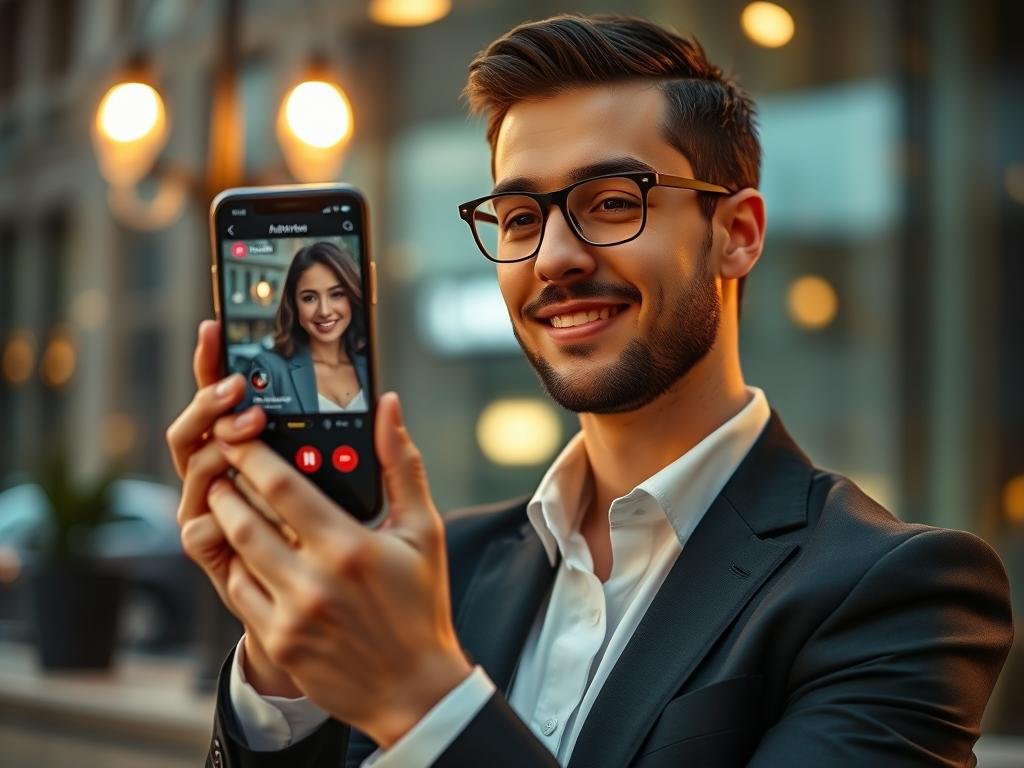 Editorial lifestyle image of a confident adult using the SexLove.ai AI girlfriend app on a smartphone, warm evening lighting, clean modern interface, realistic details, inviting and trustworthy mood, no visible brand logos or text