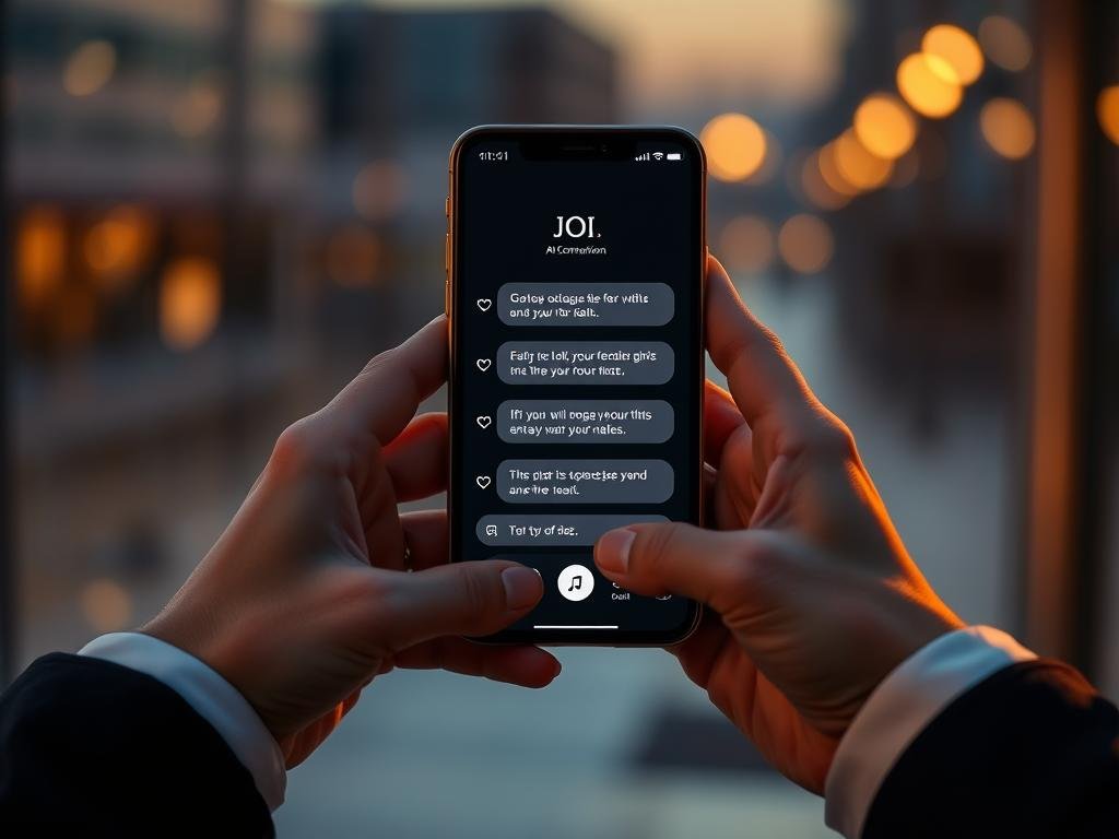 Editorial lifestyle image of a modern AI companion app called JOI displayed on a smartphone, warm evening light, elegant chat interface, subtle digital heart accents, realistic hands holding the phone, inviting and mature mood, no explicit content, high-quality commercial technology photography
