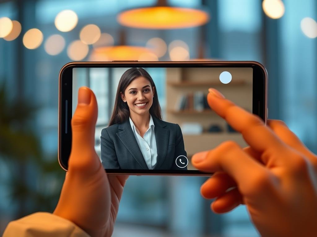 Editorial lifestyle image of a modern AI girlfriend app on a smartphone, warm ambient lighting, clean American tech aesthetic, friendly virtual woman on screen, realistic interface, no logos, no text overlays