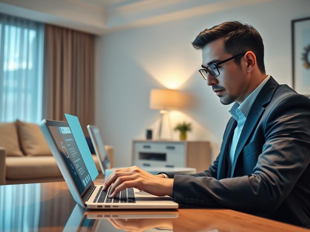 Editorial lifestyle image of a person discovering SexLove.ai on a laptop, showing an elegant AI companion interface with customizable traits, warm lighting, modern home setting, realistic but clearly fictional digital character, no readable text or logos.