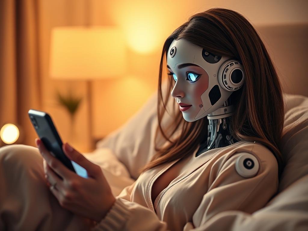 Editorial lifestyle image of the sexlove.ai AI girlfriend chatbot on a modern smartphone, warm bedroom lighting, elegant interface, realistic digital companion portrait, American adult audience, polished commercial style, no visible brand logo