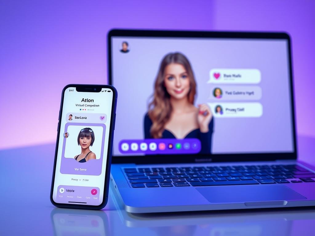 Editorial product image of the SexLove.ai AI girlfriend platform on a modern smartphone and laptop, showing a warm virtual companion chat, elegant interface, expressive avatar, voice interaction icon, photo sharing panel, and privacy shield, soft blue and violet lighting, realistic technology review style, no readable text