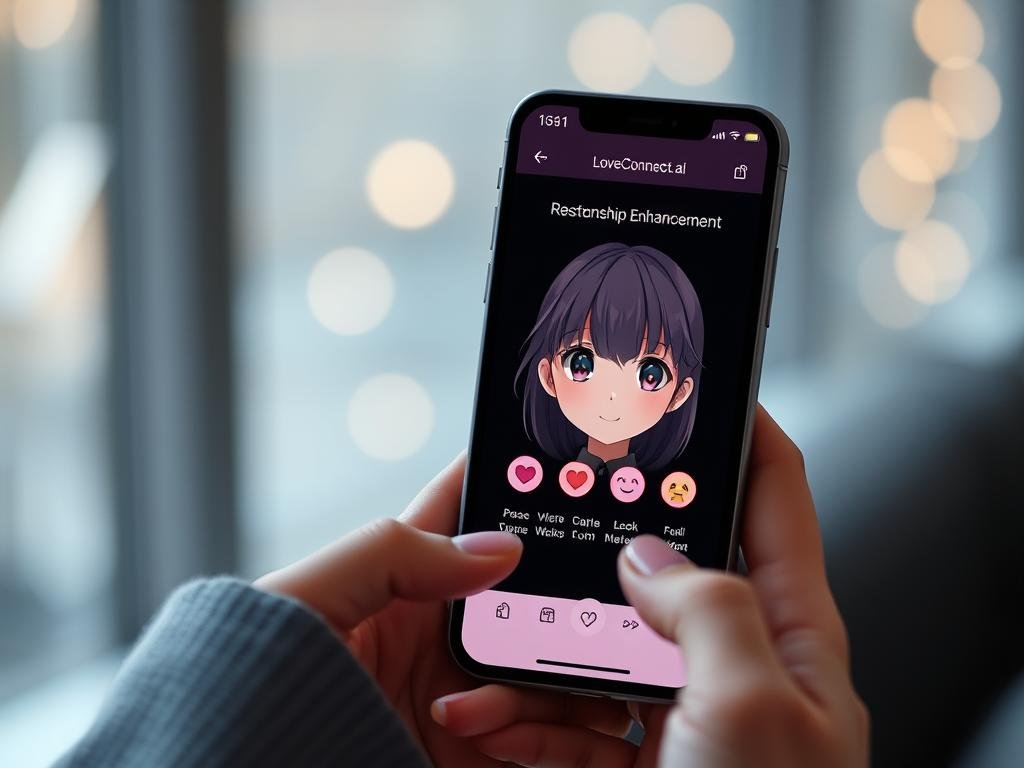Editorial-style image of the Sexlove.ai AI girlfriend app on a modern smartphone, dark romantic interface, expressive anime-inspired avatar, subtle emotional icons, clean premium design, no readable text.