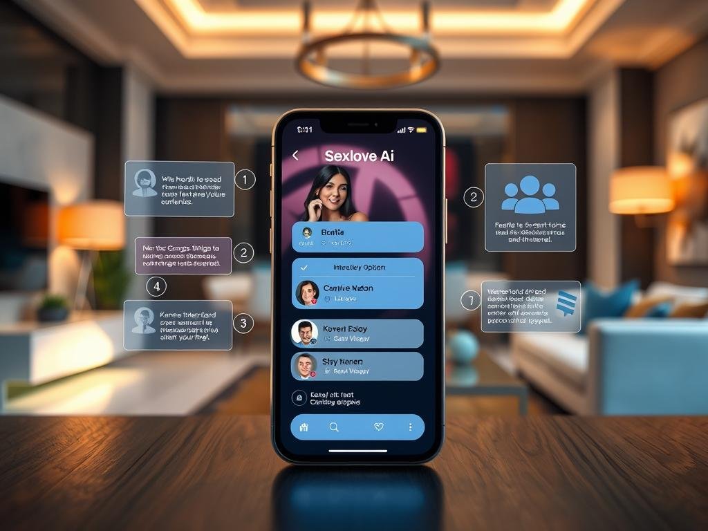 Foreground: A sleek smartphone displaying the interface of an innovative AI girlfriend app, "sexlove.ai," with interactive features highlighted, such as personalized conversation options, customizable avatars, and chatbot functionalities. Middle: A stylishly designed workspace with futuristic elements, like floating holographic elements showing user interactions and feedback on the app. Background: A modern, tech-inspired home interior with soft, ambient lighting, emphasizing a cozy atmosphere. Camera angle from slightly above, focusing on the phone's screen, with a soft bokeh effect on the background. The mood should evoke curiosity and excitement, showcasing cutting-edge technology in a professional, user-friendly design.