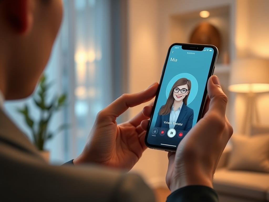 Generate a realistic editorial image of a person testing the Candy AI girlfriend app on a smartphone, with a friendly AI character named Mia appearing on screen, warm lighting, modern home setting, and subtle visual cues of a two-week review. Generate a realistic editorial image of a person testing the Candy AI girlfriend app on a smartphone, with a friendly AI character named Mia appearing on screen, warm lighting, modern home setting, and subtle visual cues of a two-week review.