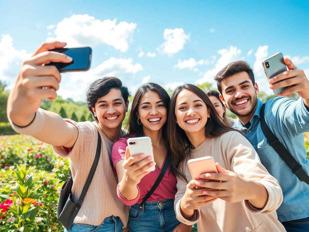 High-quality AI-generated selfies of a diverse group of friends joyfully interacting with their smartphones, capturing playful moments. In the foreground, individuals of varying ethnicities are smiling and posing casually, dressed in stylish yet modest outfits, showcasing a sense of camaraderie. The middle ground features a vibrant park setting filled with soft greenery and colorful flowers, enhancing the lively atmosphere. In the background, a bright blue sky with fluffy clouds creates a cheerful environment. Natural sunlight bathes the scene, casting soft shadows and highlighting facial features, as if shot with a premium lens from a slightly elevated angle. The entire composition exudes fun and warmth, perfectly aligning with the visual enhancements of the "sexlove.ai" app and its focus on high-quality image generation. High-quality AI-generated selfies of a diverse group of friends joyfully interacting with their smartphones, capturing playful moments. In the foreground, individuals of varying ethnicities are smiling and posing casually, dressed in stylish yet modest outfits, showcasing a sense of camaraderie. The middle ground features a vibrant park setting filled with soft greenery and colorful flowers, enhancing the lively atmosphere. In the background, a bright blue sky with fluffy clouds creates a cheerful environment. Natural sunlight bathes the scene, casting soft shadows and highlighting facial features, as if shot with a premium lens from a slightly elevated angle. The entire composition exudes fun and warmth, perfectly aligning with the visual enhancements of the "sexlove.ai" app and its focus on high-quality image generation.