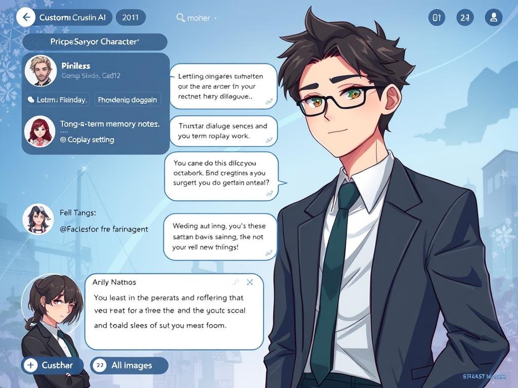 Illustrate Crushon AI as a visual-novel-style story interface. Show a custom character, branching dialogue choices, long-term memory notes, and a rich roleplay scene. Use an artistic fantasy setting, expressive character portraits, and a clear chat panel without explicit imagery.