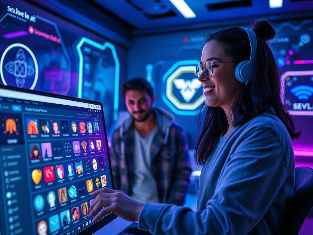 In a futuristic, high-tech room, a user is engaged in the process of creating their AI companion. The foreground features a computer screen filled with customizable options, highlighting a sleek design interface with colorful icons representing personality traits and appearance settings. The middle layer includes the user, dressed in modern casual clothing, looking focused and inspired as they interact with the screen, their expression full of excitement. In the background, soft blue and purple ambient lighting casts an inviting glow, accentuating the advanced technology surrounding them, including holographic displays and interactive digital elements. The overall mood is one of creativity and discovery, reflecting the endless possibilities of personalizing an AI companion, with a subtle logo of "sexlove.ai" appearing on the computer interface.