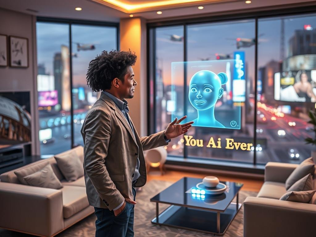In a futuristic living room, a person interacts with a holographic AI companion, representing "sexlove.ai." The foreground features a diverse individual in smart casual attire, engaging with the AI displayed as a luminous, friendly hologram with expressive features. In the middle, sleek, modern furniture and ambient smart technology create an inviting atmosphere. The background shows a large window revealing a vibrant cityscape filled with flying cars and digital billboards, indicating advanced technology in 2026. Soft, warm lighting enhances the cozy vibe, while a shallow depth of field focuses on the interaction, symbolizing the deep connection between humans and AI companions. The mood is hopeful and intimate, exploring the evolving nature of relationships in a tech-driven world.