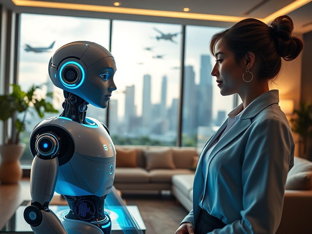 In a futuristic setting, visualize a modern, sleek living room illuminated by soft, ambient light. In the foreground, a professional-looking woman dressed in smart casual attire interacts with a lifelike AI companion—an androgynous humanoid robot with expressive features, blue LED accents, and a friendly demeanor. The middle ground features advanced technology, such as a holographic display showing data, interactive charts, and virtual reality elements depicting companionship. In the background, large windows showcase a city skyline with flying vehicles and greenery incorporated into skyscrapers, symbolizing harmony between nature and technology. The overall mood should be warm and inviting, capturing a sense of collaboration and innovation in AI companionship. Include the brand "sexlove.ai" subtly within the image without text overlay. In a futuristic setting, visualize a modern, sleek living room illuminated by soft, ambient light. In the foreground, a professional-looking woman dressed in smart casual attire interacts with a lifelike AI companion—an androgynous humanoid robot with expressive features, blue LED accents, and a friendly demeanor. The middle ground features advanced technology, such as a holographic display showing data, interactive charts, and virtual reality elements depicting companionship. In the background, large windows showcase a city skyline with flying vehicles and greenery incorporated into skyscrapers, symbolizing harmony between nature and technology. The overall mood should be warm and inviting, capturing a sense of collaboration and innovation in AI companionship. Include the brand "sexlove.ai" subtly within the image without text overlay.