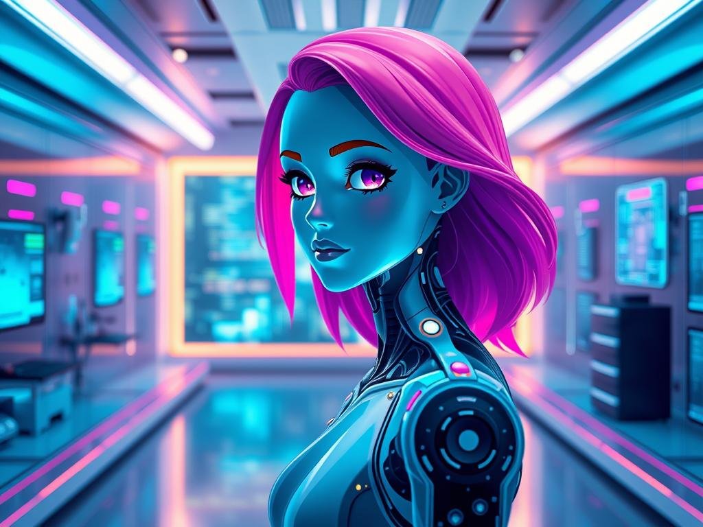 In a futuristic tech lab, an advanced AI hologram representing a digital girlfriend stands in the foreground, showcasing a sleek, humanoid figure with vibrant, expressive features. Her design is inspired by anime aesthetics, with bright, flowing hair and large, emotive eyes, reflecting a blend of technology and personality. The middle ground displays high-tech screens and circuits, illuminated with soft blue and purple lighting, suggesting a dynamic interface filled with algorithms and data streams. The background features a sleek, modern lab environment with a minimalist design, bathed in ambient light to create a serene yet cutting-edge atmosphere. The overall mood is one of fascination and innovation, highlighting the sophistication of AI technology behind intimate virtual companionship. The brand name "sexlove.ai" subtly integrated into the digital interface, enhancing the thematic focus without being overt.