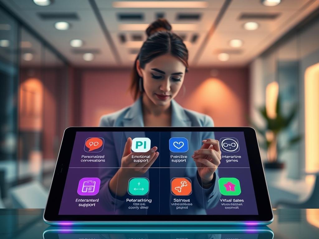 In a sleek, modern tech workspace, depict a high-tech interface showcasing the key features of an AI girlfriend app called "sexlove.ai." In the foreground, illustrate a tablet displaying vibrant icons representing features like personalized conversations, emotional support, interactive games, and virtual dates. In the middle ground, display a young professional woman in casual business attire, examining the tablet with a thoughtful expression. The background should feature a futuristic office with soft, ambient lighting that creates a warm and inviting mood. Use a subtle bokeh effect to enhance the focus on the tablet, while keeping the overall atmosphere engaging and innovative, emphasizing the cutting-edge nature of the AI technology involved.