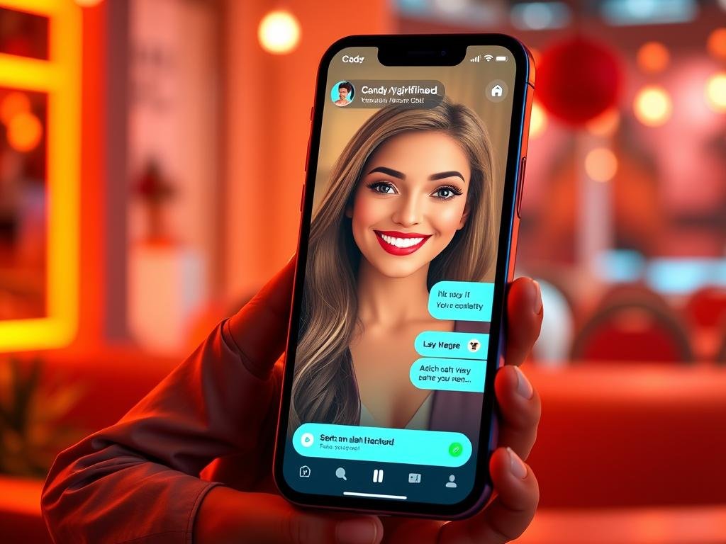 Modern mobile app interface for a Candy AI girlfriend companion on SexLove.ai, warm neon colors, friendly virtual character, realistic chat screen, polished American app design, soft lighting, high detail, no text Modern mobile app interface for a Candy AI girlfriend companion on SexLove.ai, warm neon colors, friendly virtual character, realistic chat screen, polished American app design, soft lighting, high detail, no text