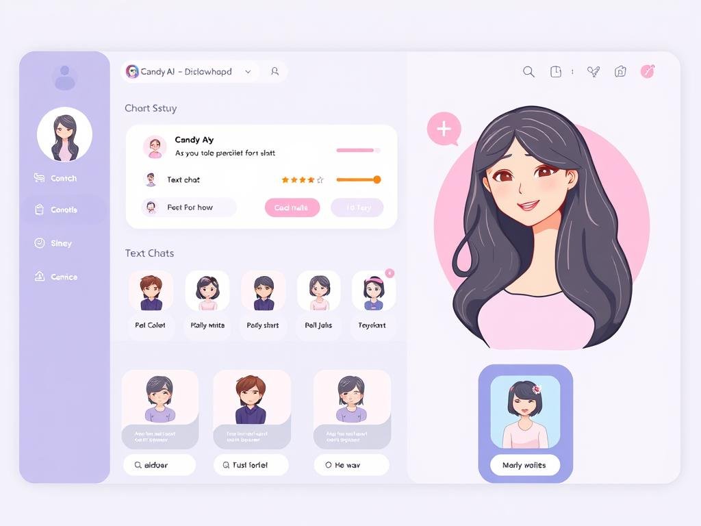 Show Candy AI as a simple, polished girlfriend app dashboard. Include quick character setup, a clean text chat, customizable traits, and friendly profile cards. Use soft colors, clear navigation, and a welcoming design for casual users.