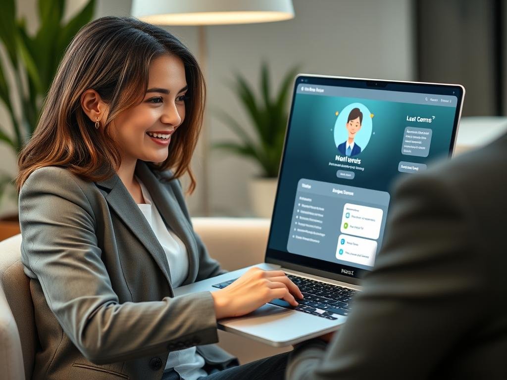 Show a confident adult user exploring SexLove.ai on a laptop, with a warm, personalized AI companion profile on screen. Use a modern interface, soft lighting, and a welcoming, imaginative mood. Avoid explicit content.
