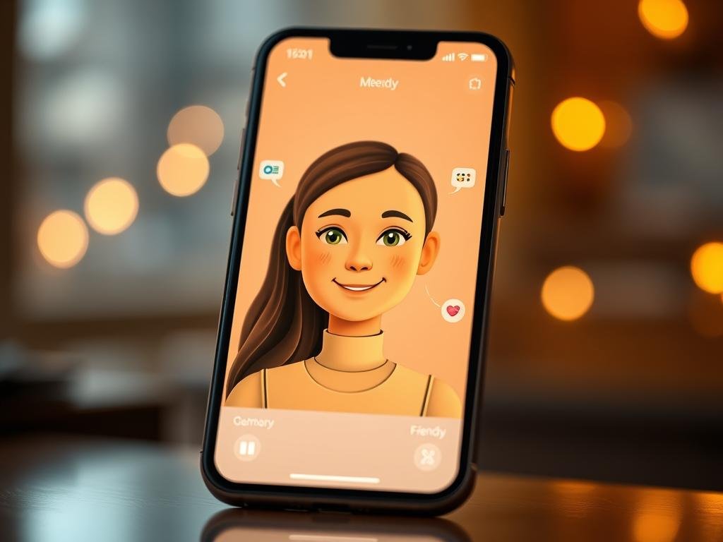Show a friendly, lifelike AI companion on a smartphone screen, with a customizable avatar, warm lighting, modern interface, and subtle symbols of memory, conversation, and emotional support. Use a clean editorial style for a United States technology review.