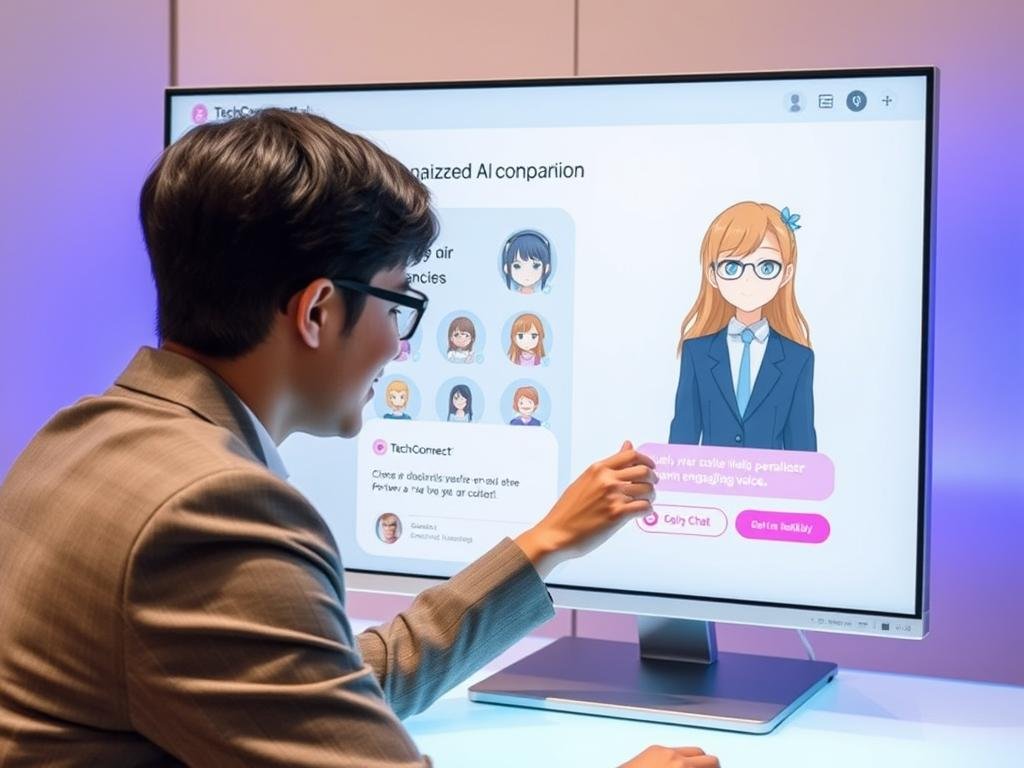 Show a friendly user creating an AI girlfriend on the SexLove.ai website, choosing an anime style, customizing hair and eyes, previewing a warm female voice, and beginning a chat on a bright modern screen. Use a clean, welcoming digital interface with soft blue and pink accents. Show a friendly user creating an AI girlfriend on the SexLove.ai website, choosing an anime style, customizing hair and eyes, previewing a warm female voice, and beginning a chat on a bright modern screen. Use a clean, welcoming digital interface with soft blue and pink accents.