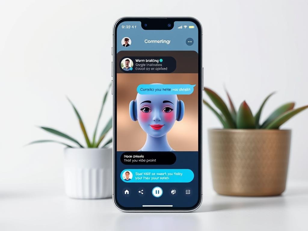 Show a modern AI companion app interface featuring a warm, expressive virtual girlfriend, personalized video previews, voice chat, text messaging, and a clean American tech aesthetic. Use realistic lighting, friendly colors, and a polished mobile design.