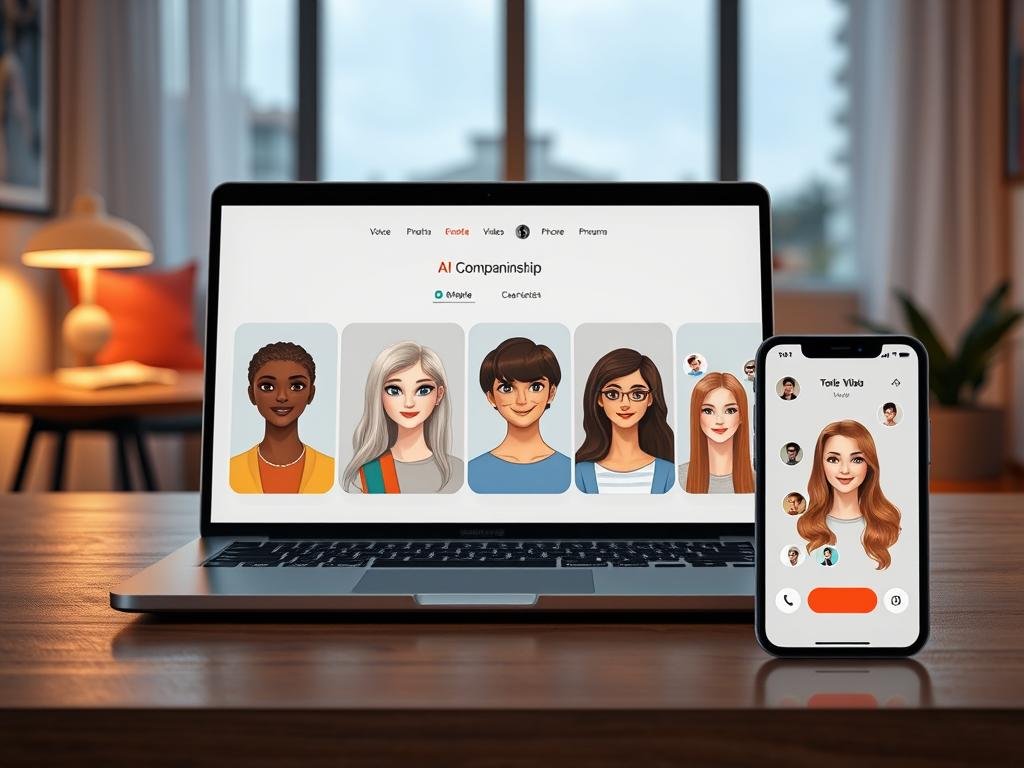 Show a modern AI companion platform on a laptop and smartphone, with a warm digital interface, diverse hand-crafted character portraits, voice, photo, video, and phone call icons, clean premium design, realistic lighting, and a welcoming American lifestyle setting.