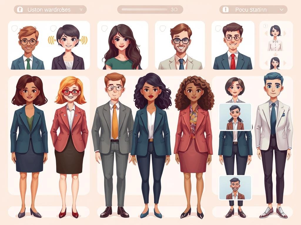 Show a modern AI companion platform with diverse virtual personalities, custom wardrobes, voice waves, photo previews, video frames, and a warm digital interface. Use a polished, realistic style with soft lighting and no explicit content. Show a modern AI companion platform with diverse virtual personalities, custom wardrobes, voice waves, photo previews, video frames, and a warm digital interface. Use a polished, realistic style with soft lighting and no explicit content.