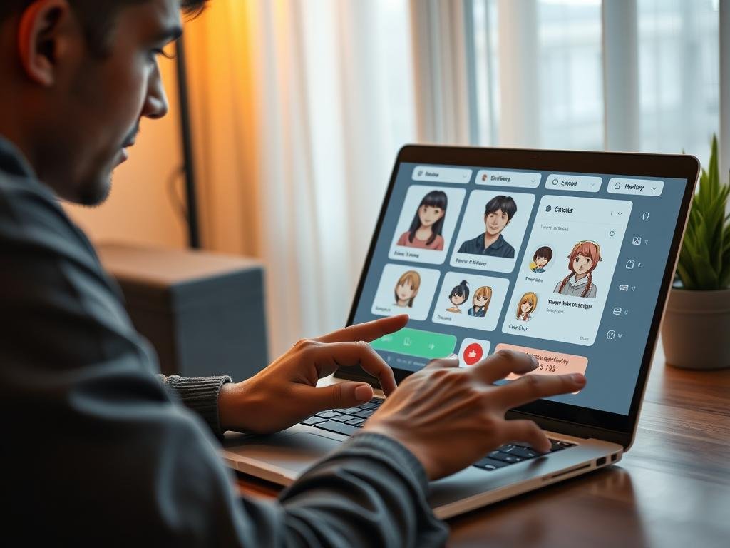 Show a modern American user exploring SexLove.ai on a laptop, with a diverse selection of anime and realistic Asian AI characters, voice call controls, chat messages, memory features, and tasteful interface design; warm lighting, polished technology review style, no explicit content. Show a modern American user exploring SexLove.ai on a laptop, with a diverse selection of anime and realistic Asian AI characters, voice call controls, chat messages, memory features, and tasteful interface design; warm lighting, polished technology review style, no explicit content.