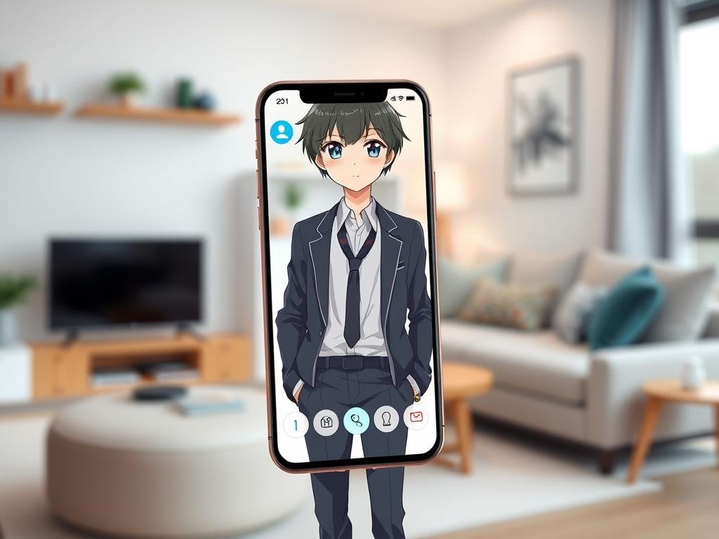 Show a polished anime girlfriend AI app interface on a smartphone, featuring a customizable adult anime character, warm chat messages, privacy icons, and a clean modern design in a cozy home setting. Show a polished anime girlfriend AI app interface on a smartphone, featuring a customizable adult anime character, warm chat messages, privacy icons, and a clean modern design in a cozy home setting.