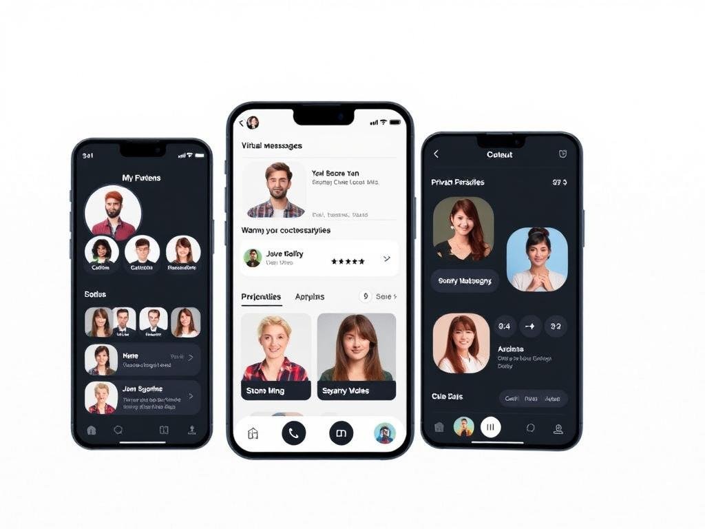 Show a sleek, modern AI companion app interface with customizable virtual personalities, warm private messaging, diverse character profiles, and a secure mobile-friendly design. Use a polished, welcoming style. Show a sleek, modern AI companion app interface with customizable virtual personalities, warm private messaging, diverse character profiles, and a secure mobile-friendly design. Use a polished, welcoming style.