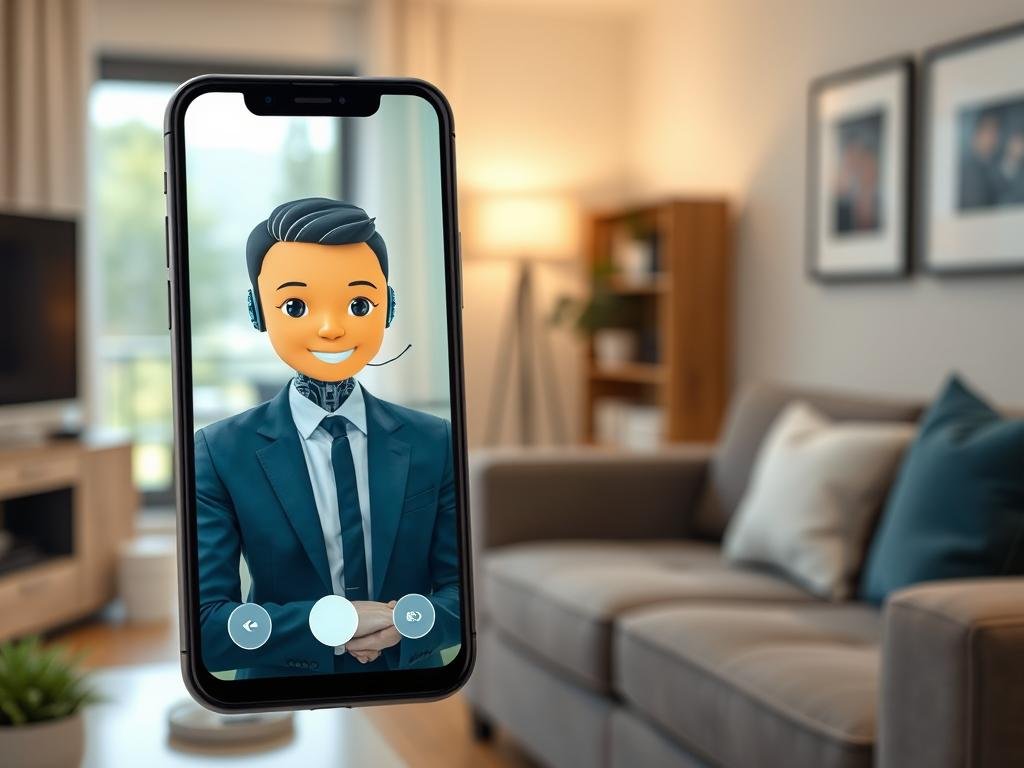 Show a stylish digital AI girlfriend on a smartphone screen, with a warm, expressive face, subtle futuristic design, and a user enjoying a private conversation in a comfortable home setting. Use realistic lighting and a clean American tech-lifestyle aesthetic.