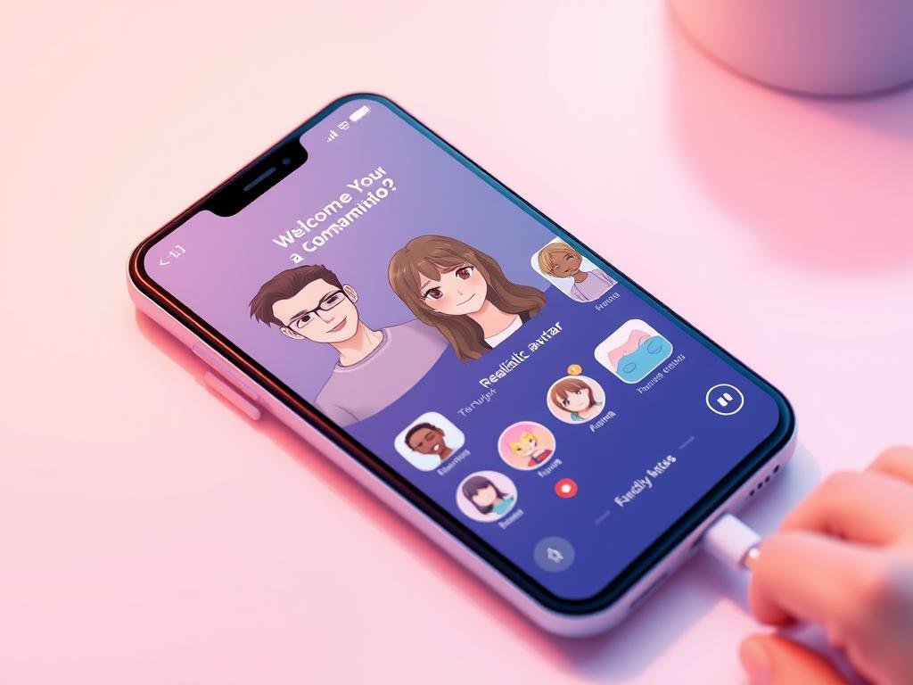 Show a welcoming AI companion platform on a modern smartphone, with a user choosing between realistic and anime avatars, warm colors, clean interface, and a friendly digital atmosphere. No text or logos. Show a welcoming AI companion platform on a modern smartphone, with a user choosing between realistic and anime avatars, warm colors, clean interface, and a friendly digital atmosphere. No text or logos.