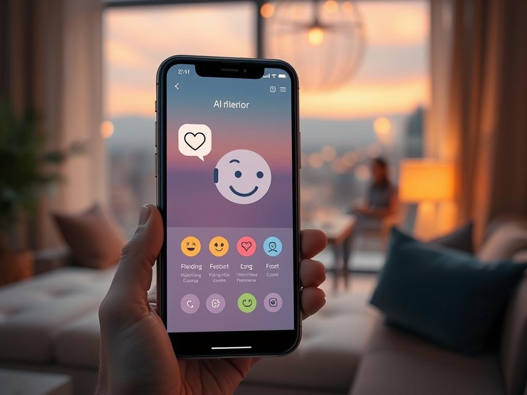Warm, polished illustration of a friendly AI companion app on a smartphone, soft evening colors, mood icons, thoughtful expression, modern American lifestyle setting, no text