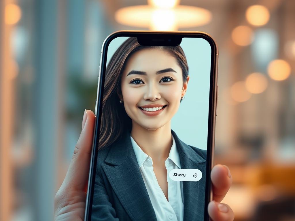 Warm, realistic digital portrait of a personalized AI girlfriend on a smartphone screen, friendly expression, soft modern lighting, subtle chat interface, welcoming technology theme, American lifestyle setting, high detail, natural colors